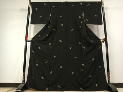 平和屋着物●上質な小紋　紬地　ヒラメ　アンコウ　マンボウ　フグ　ハゼ　黒地　正絹　逸品　AABK1433fy