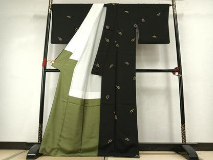 平和屋着物●上質な小紋　紬地　ヒラメ　アンコウ　マンボウ　フグ　ハゼ　黒地　正絹　逸品　AABK1433fy
