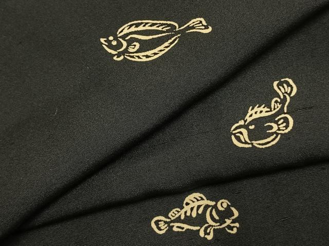 平和屋着物●上質な小紋　紬地　ヒラメ　アンコウ　マンボウ　フグ　ハゼ　黒地　正絹　逸品　AABK1433fy