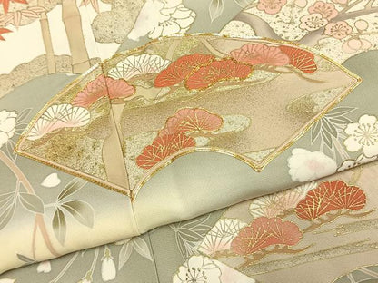 平和屋着物●訪問着　駒刺繍　松竹梅　地紙花文　暈し染め　金彩　正絹　逸品　AABK1443fy