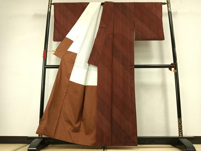 平和屋着物●上質な紬　斜縞　正絹　逸品　AABK1462fy