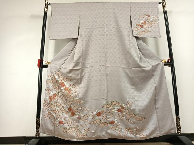 平和屋着物●訪問着　絞り　刺繍　草花文　金彩　正絹　逸品　AABK1468fy