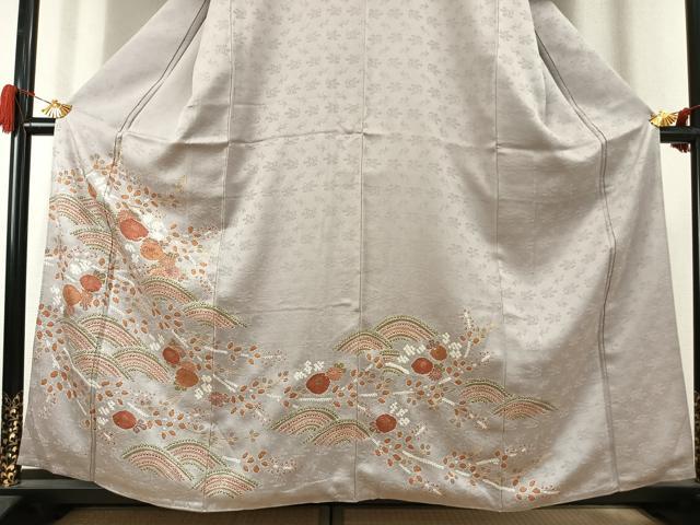 平和屋着物●訪問着　絞り　刺繍　草花文　金彩　正絹　逸品　AABK1468fy