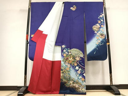 平和屋着物●豪華振袖　駒刺繍　扇面御所車花文　暈し染め　金銀彩　正絹　逸品　AABK1470fy