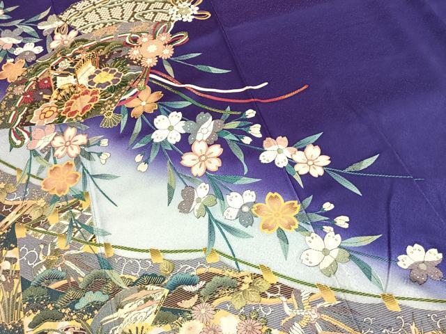 平和屋着物●豪華振袖　駒刺繍　扇面御所車花文　暈し染め　金銀彩　正絹　逸品　AABK1470fy