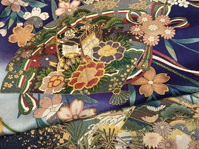 平和屋着物●豪華振袖　駒刺繍　扇面御所車花文　暈し染め　金銀彩　正絹　逸品　AABK1470fy