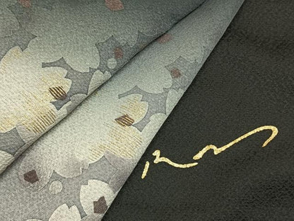 平和屋着物●訪問着　作家物　舞桜文　暈し染め　黒地　金彩　正絹　逸品　未使用　AABK1473fy