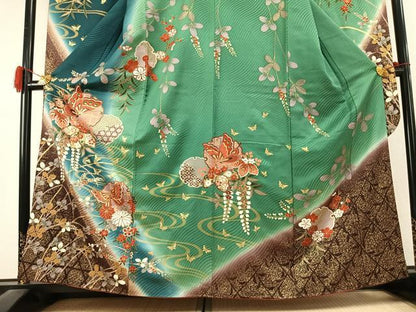 平和屋着物●豪華振袖　雪輪花蝶文　暈し染め　金彩　正絹　逸品　AABK1482fy