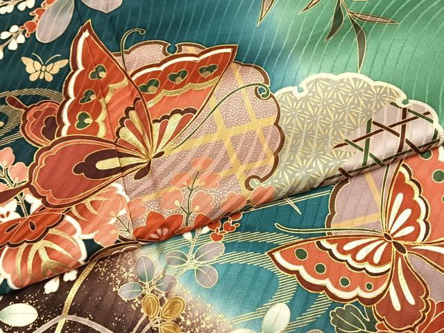 平和屋着物●豪華振袖　雪輪花蝶文　暈し染め　金彩　正絹　逸品　AABK1482fy