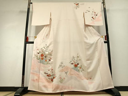 平和屋着物●訪問着　刺繍　花鳥文　暈し染め　金彩　正絹　逸品　AABK1502fy