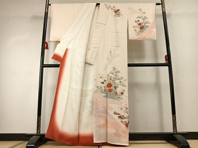 平和屋着物●訪問着　刺繍　花鳥文　暈し染め　金彩　正絹　逸品　AABK1502fy