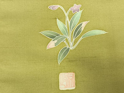 平和屋着物●上質な紬　色無地　作家物　抹茶色　正絹　逸品　AABK1503fy