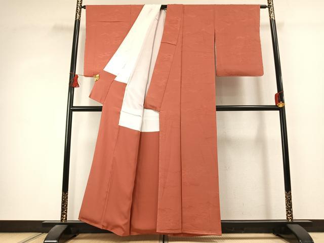 平和屋着物●上質な色無地　風景地紋　赤丹色　正絹　逸品　未使用　AABK1506fy