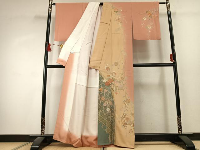 平和屋着物●訪問着　草花文　暈し染め　金銀彩　正絹　逸品　AABK1507fy