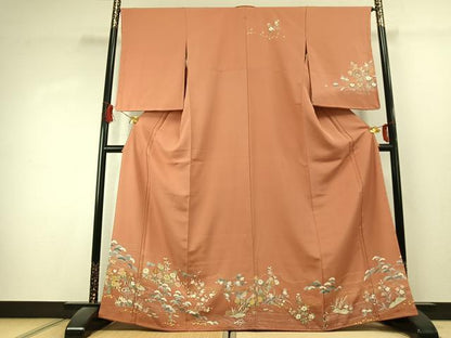 平和屋着物●訪問着　駒刺繍　草花文　金彩　正絹　逸品　未使用　AABK1516fy
