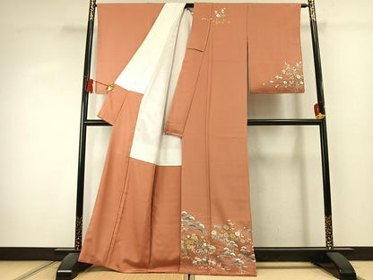 平和屋着物●訪問着　駒刺繍　草花文　金彩　正絹　逸品　未使用　AABK1516fy
