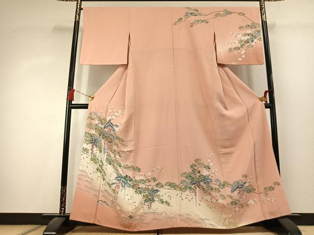 平和屋着物●訪問着　友禅　枝松花文　暈し染め　正絹　逸品　AABK1517fy