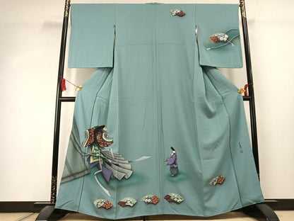 平和屋着物●訪問着　作家物　人物地紙花文　暈し染め　金彩　正絹　逸品　未使用　AABK1518fy