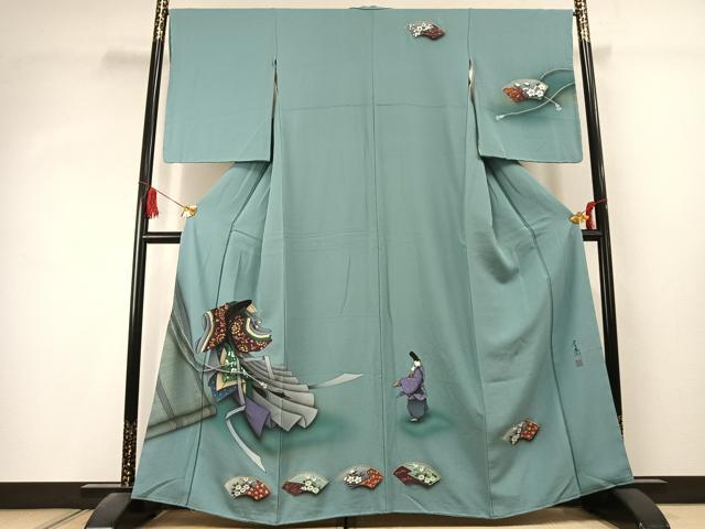 平和屋着物●訪問着　作家物　人物地紙花文　暈し染め　金彩　正絹　逸品　未使用　AABK1518fy