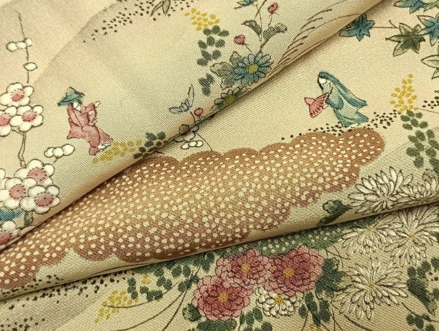 平和屋着物●上質な小紋　手描き　雲取り人物花文　正絹　逸品　AABK1520fy