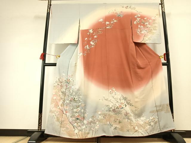 平和屋着物●訪問着　風景花文　暈し染め　金銀彩　正絹　逸品　AABK1522fy