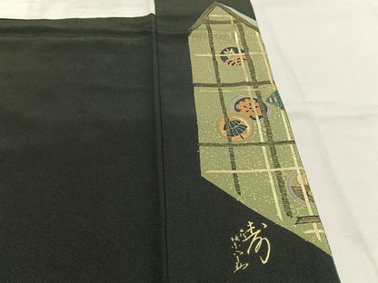 平和屋着物●五代 歌舞伎役者　坂東八十助　黒留袖　駒刺繍　地紙笹竹文　暈し染め　金銀彩　正絹　逸品　AABK1540fy