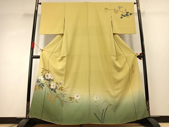 平和屋着物●二代目清次郎　手描き　訪問着　枝花文　暈し染め　正絹　逸品　AABK1543fy