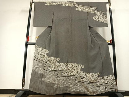 平和屋着物●訪問着　作家物　絞り　型染め　松竹梅　黒地　正絹　逸品　AABK1555fy