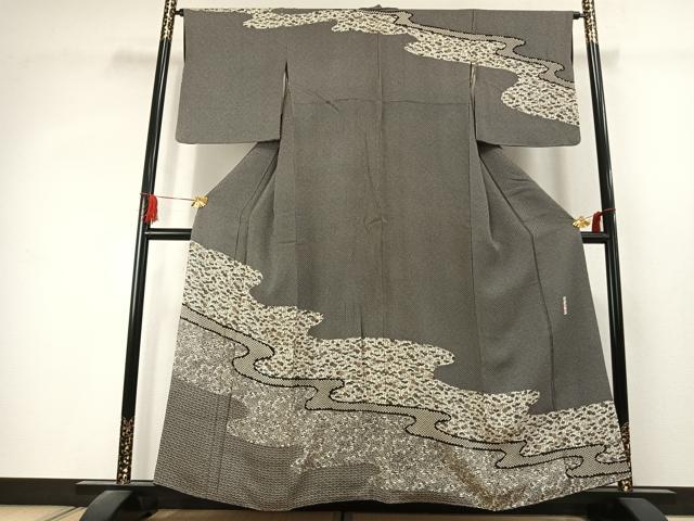 平和屋着物●訪問着　作家物　絞り　型染め　松竹梅　黒地　正絹　逸品　AABK1555fy