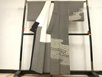 平和屋着物●訪問着　作家物　絞り　型染め　松竹梅　黒地　正絹　逸品　AABK1555fy