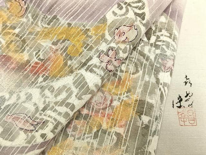 平和屋着物●訪問着　紬地　作家物　吉祥花文　金彩　正絹　逸品　AABK1568fy