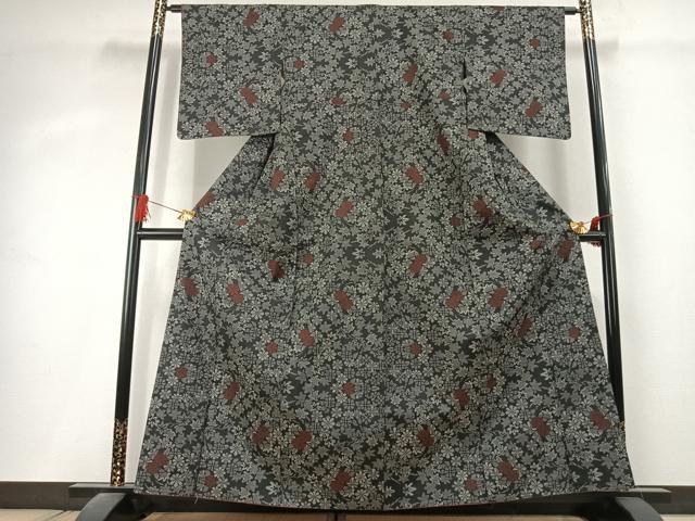平和屋着物●本場大島紬　草花文　黒地　正絹　逸品　AABK1570fy