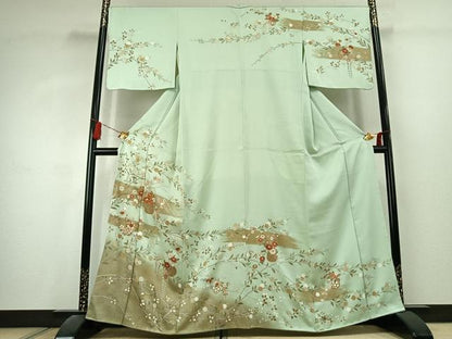 平和屋着物●訪問着　駒刺繍　草花文　暈し染め　金彩　正絹　逸品　AABK1581fy