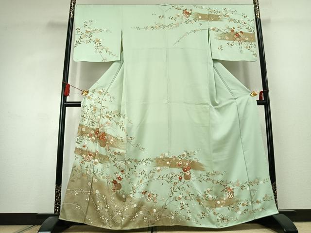 平和屋着物●訪問着　駒刺繍　草花文　暈し染め　金彩　正絹　逸品　AABK1581fy