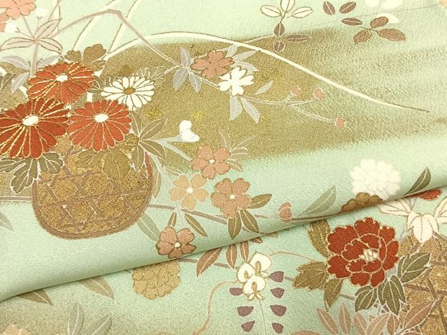 平和屋着物●訪問着　駒刺繍　草花文　暈し染め　金彩　正絹　逸品　AABK1581fy