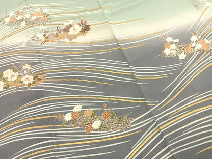 平和屋着物●訪問着　刺繍　草花文　暈し染め　金糸　金彩　正絹　逸品　AABK1586fy