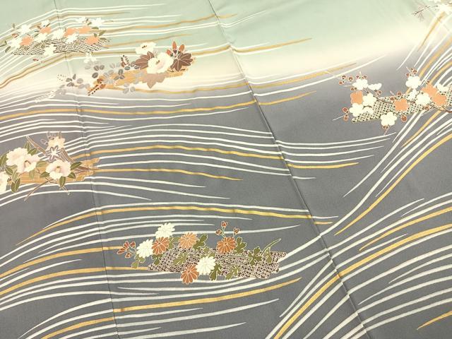 平和屋着物●訪問着　刺繍　草花文　暈し染め　金糸　金彩　正絹　逸品　AABK1586fy