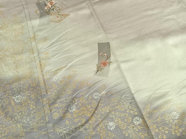 平和屋着物●訪問着　刺繍　草花文　暈し染め　金糸　金銀彩　正絹　逸品　AABK1591fy