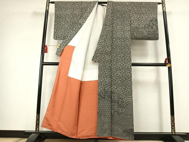 平和屋着物●江戸小紋　訪問着　毘沙門亀甲　草花文　黒地　正絹　逸品　未使用　AABK1592fy