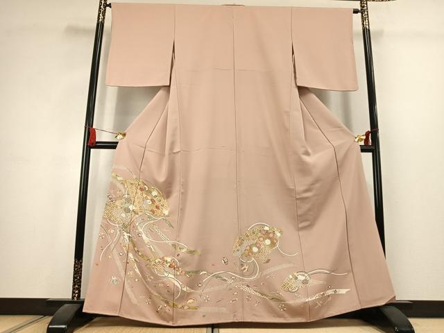 平和屋着物●豪華色留袖　駒刺繍　扇面花文　金糸　金彩　正絹　逸品　AABK1595fy