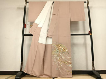 平和屋着物●豪華色留袖　駒刺繍　扇面花文　金糸　金彩　正絹　逸品　AABK1595fy
