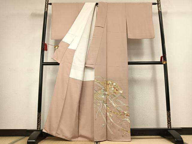 平和屋着物●豪華色留袖　駒刺繍　扇面花文　金糸　金彩　正絹　逸品　AABK1595fy