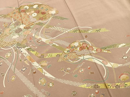 平和屋着物●豪華色留袖　駒刺繍　扇面花文　金糸　金彩　正絹　逸品　AABK1595fy