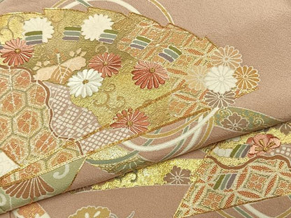 平和屋着物●豪華色留袖　駒刺繍　扇面花文　金糸　金彩　正絹　逸品　AABK1595fy