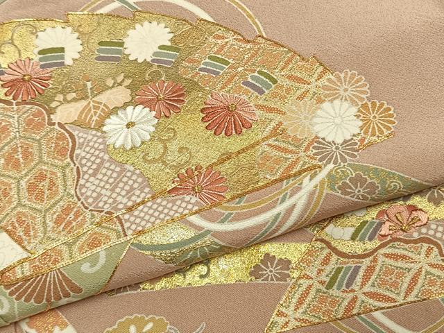 平和屋着物●豪華色留袖　駒刺繍　扇面花文　金糸　金彩　正絹　逸品　AABK1595fy