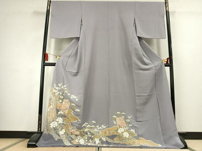 平和屋着物●色留訪問着　駒刺繍　草花文　金彩　ロング丈　正絹　逸品　AABK1596fy