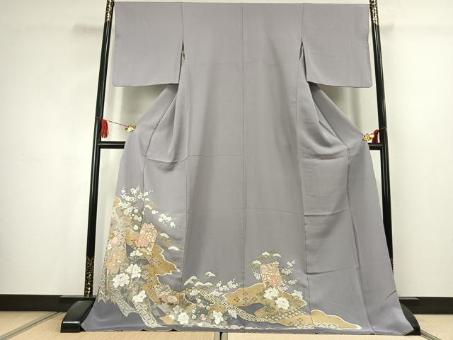 平和屋着物●色留訪問着　駒刺繍　草花文　金彩　ロング丈　正絹　逸品　AABK1596fy
