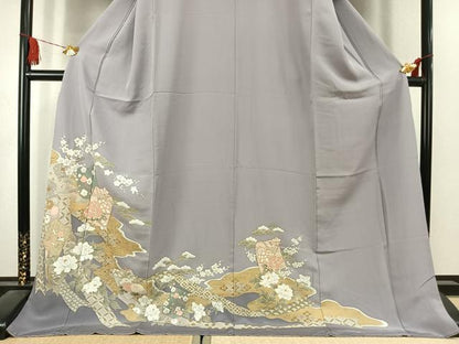 平和屋着物●色留訪問着　駒刺繍　草花文　金彩　ロング丈　正絹　逸品　AABK1596fy