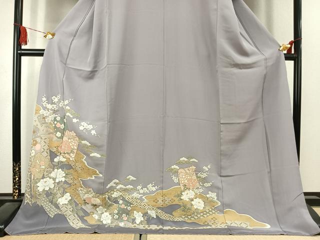 平和屋着物●色留訪問着　駒刺繍　草花文　金彩　ロング丈　正絹　逸品　AABK1596fy