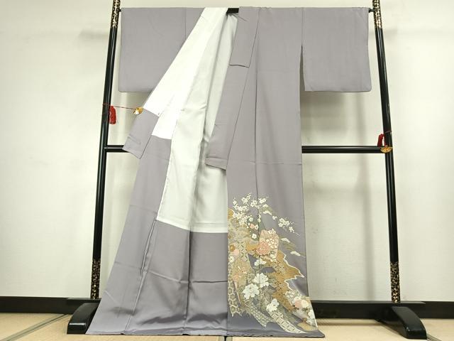 平和屋着物●色留訪問着　駒刺繍　草花文　金彩　ロング丈　正絹　逸品　AABK1596fy